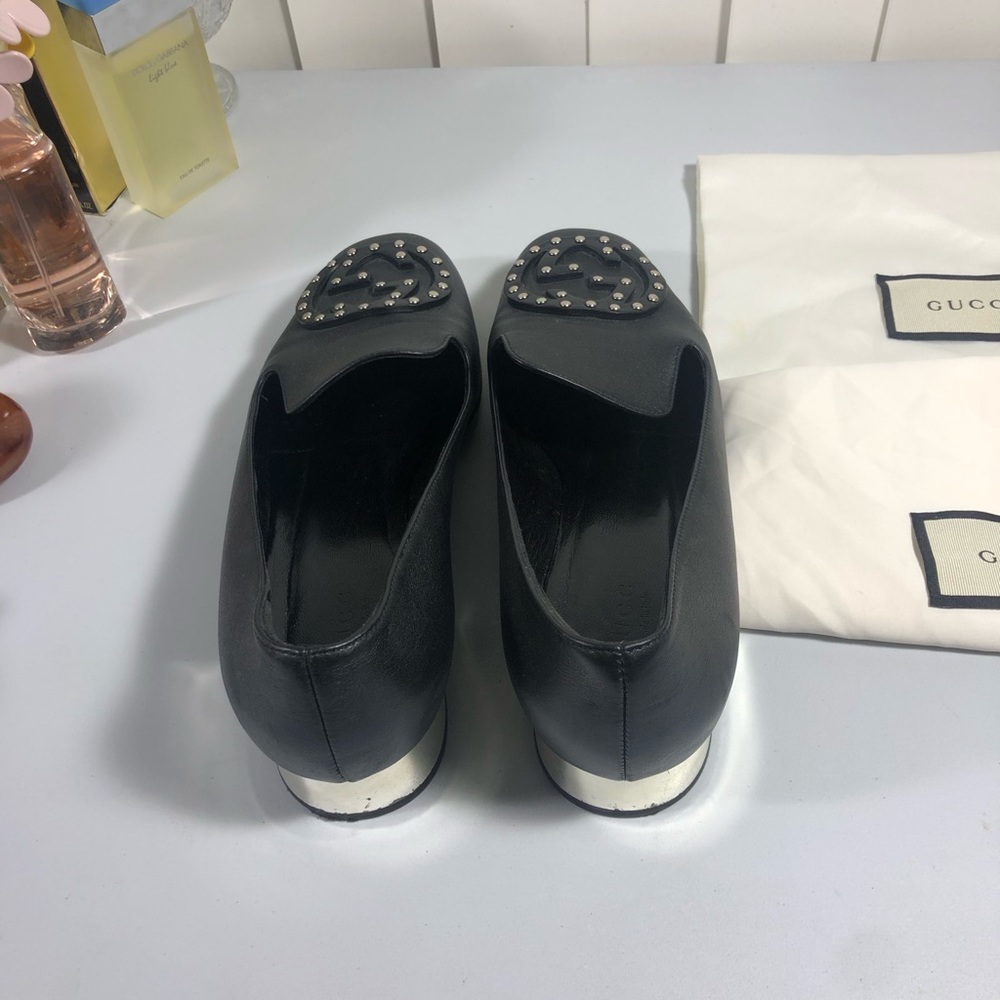 Gucci Loafers Silver Stud Logo Heel Classic Edgy Size 37 - Picture 2 of 9